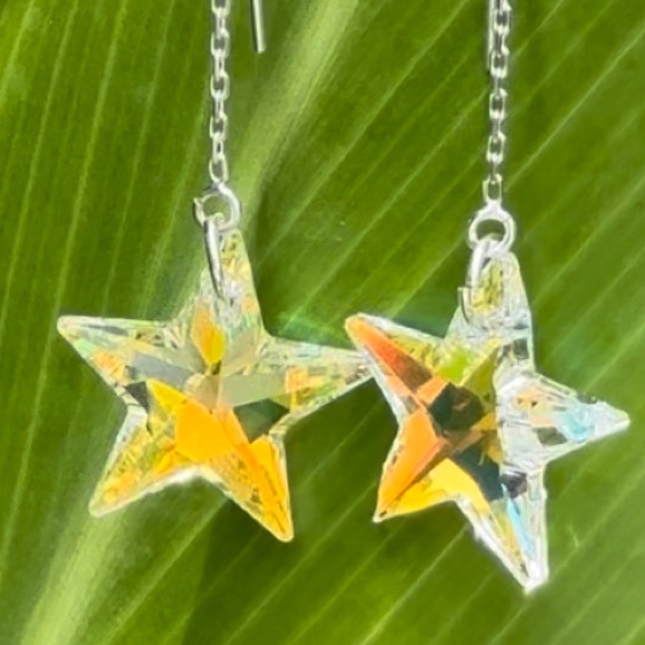759. Made on Maui Swarovski Crystal Stars .925 Sterling Silver Threader Earrings - Picture 3 of 7